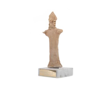 TWO ANCIENT BABYLONIAN DEITY FIGURES,the first depicting the sun god Shamesh, 14.5cm high, the second the god of wisdom Inki,