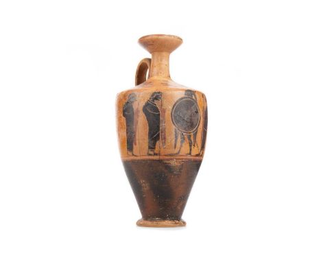 ANCIENT GREEK TERRACOTTA BLACK FIGURE LEKYTHOS,circa early 5th century B. C., decorated with a warrior, likely Achilles, with