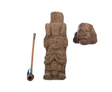 PRE-COLUMBIAN FIGURE,possibly the maize deity Chicomecóatl, 14.5cm high, together with a bust of a male and a pipe whistle (3