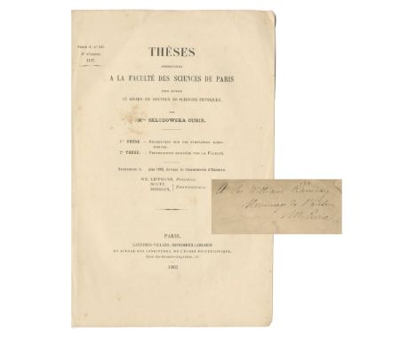 CURIE (MARIE)Thèses présentées à la Faculté des Sciences de Paris pour obtenir le grade de docteur des sciences physiques.. 1