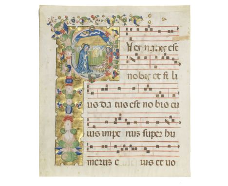ILLUMINATED MANUSCRIPT LEAFThe Nativity, from an illuminated Gradual,  single leaf, in Latin on vellum, with large illuminate