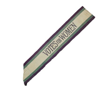 'VOTES FOR WOMEN' SASHOriginal 'Votes for Women' tri-coloured suffragette sash, woven in purple, green and white with 'Votes 