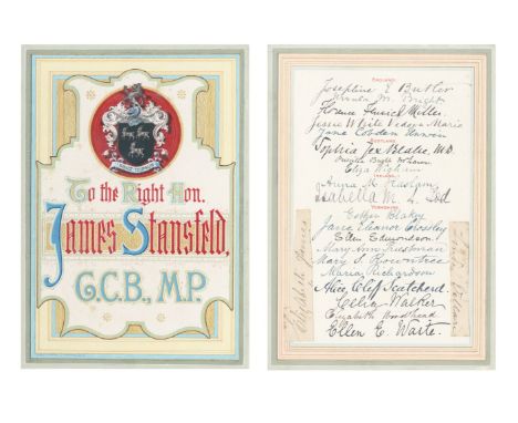 STANSFELD (JAMES)Illuminated manuscript address 'To the Right Hon. James Stansfeld, G.C.B., M.P.' by Goodall &amp; Suddick of