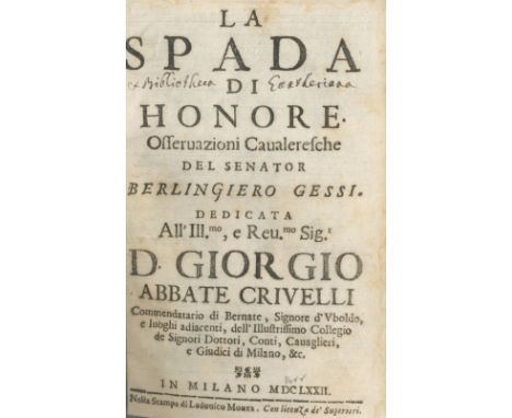 GESSI (BERLINGIERO)La spada di honore. Osservazioni calvaleresche,  half-title, typographical ornaments, printer's device on 