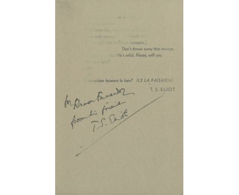 ELIOT (T.S.)Triumphal March, No. 35 of the Ariel Poems, FIRST EDITION, AUTHOR'S PRESENTATION COPY,  inscribed 'for Ramon Fern