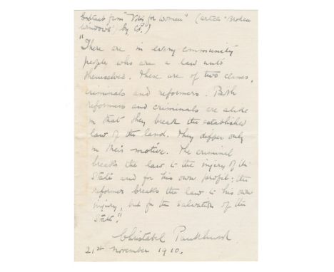 PANKHURST (CHRISTABEL)Autograph extract signed ('Christabel Pankhurst') from her article 'Broken Windows' published in Votes 