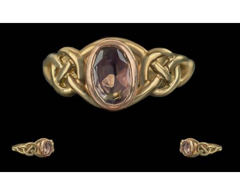 Clogau Gold Ladies 9ct Gold Single Stone Amethyst Set Ring, Marked Clogau and Hallmark to Interior of Shank. Celtic Design, R