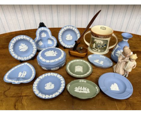 Small Collection Of Wedgewood Jasper Ware - To include pin dishes, vase, lidded trinket box. Together with Adams Dickens Ware