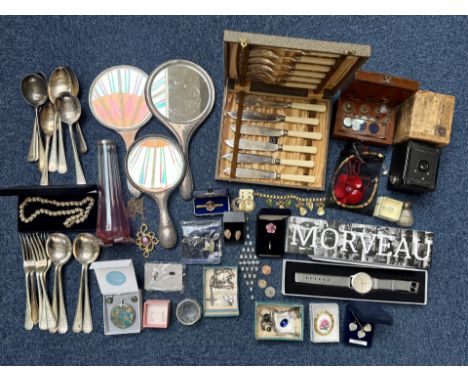 Mixed Box of Collectables. Includes Silver & Silver Plate Ware, Old Kodak Camera, Costume Jewellery, Old Weights In Original 
