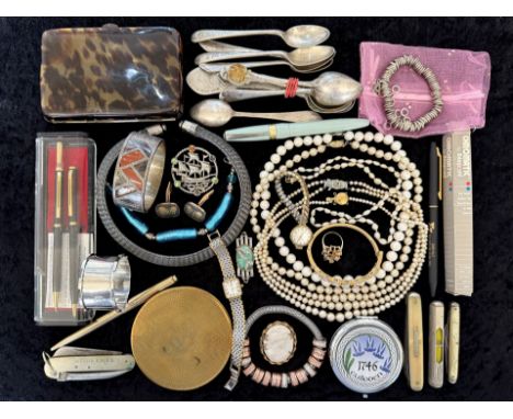 Mixed Bag of Collectables. Includes Pen Knife, Pens, Costume Jewellery, Compact of Queen Elizabeth, Links of London Bangle, S