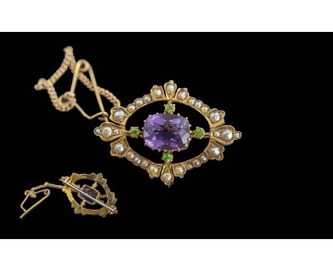 Victorian Period 1837 - 1901 Ladies Exquisite 15ct Gold Suffragette Small Brooch with Safety Chain. Marked 15ct. Set with Ame