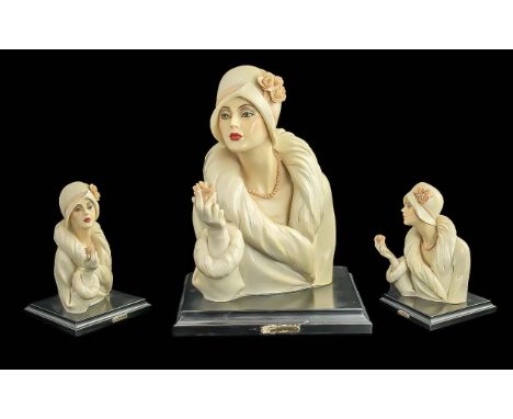 Vittorio Tessaro Handpainted Sculptural Bust of an elegant female in 1930's dress and hat, raised on a square wooden base.  H