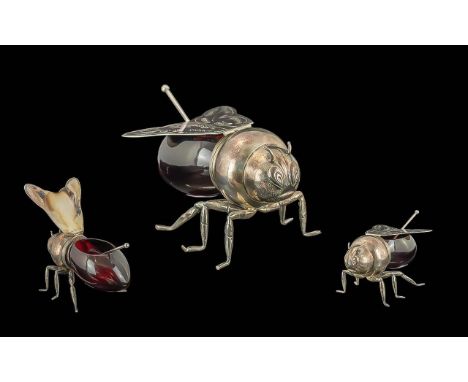 Mid 20th Century Silver Plated and Cranberry Glass Large Novelty Honey Pot, In the Form of a Bee. The Wings Hinged to Form a 