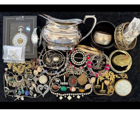 Bag of Mixed Collectables, Includes Pocket Watch, Costume Jewellery, Silver Plated Jug, Silver Jewellery etc. . 