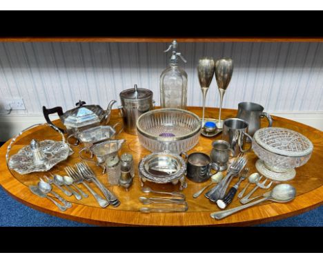 Two Boxes of Silver Plated Ware, goblets, rose bowl, jugs, tea pot, soda syphon, etc.