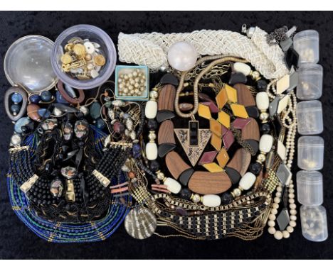 Box of Assorted Costume Jewellery, including assorted beads, collars, pearls, earrings, pendants, buttons, studs and cufflink