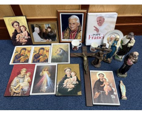 Two Boxes of Religious Items, including Pope Francis book, various photographs, crucifix, plates, plaques, etc.