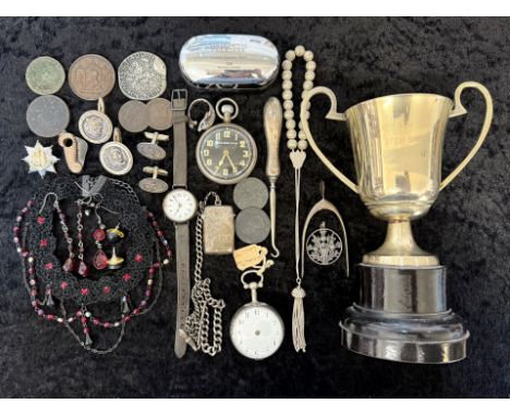 Bag of Mixed Collectables. Includes Coins, Watches, Trophy with Stand, Coins, Cufflinks etc. 