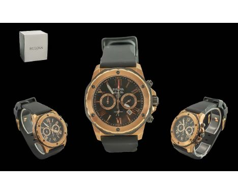 Bulova 'Marine Star' Gents Gold on Steel Chronograph Wrist Watch, with black hard rubber watch bracelet.  Features Just Date 