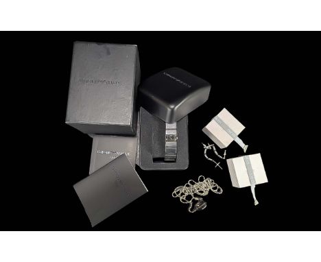 Emporio Armani Jewellery Interest. Includes Ladies Stylish Watch of Silver Tone with Box and Booklets ( Battery Required but 
