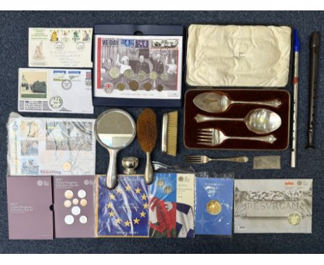 Box of Silver Plated Ware, Stamps and Collectables. Please See Photos. 