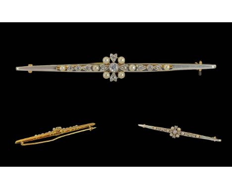 Edwardian Period 1902-1910 Ladies 18ct Gold and Platinum Diamond &amp; Pearl Long Stick Brooch - Tests 18ct Gold. Flowerhead 