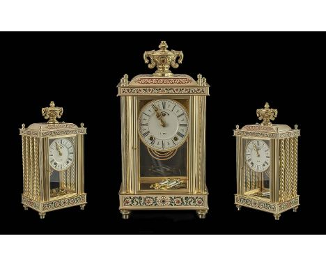 Decorative Mantle Clock, Corinthian columns, painted wooden decoration, urn finial, cream and gilt effect.  Raised on four fe