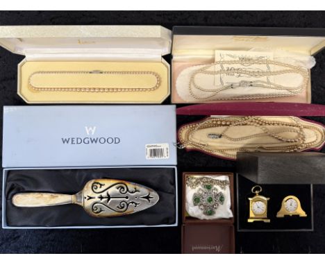 Collection of Pearls, Costume, Wedgewood Boxed Cake Slice, Miniature Clocks etc. 