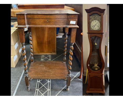 20th Century Oak French Longcase 'Comtoise' Grandfather Clock.  White face with Roman numerals, the case with an arched hood 