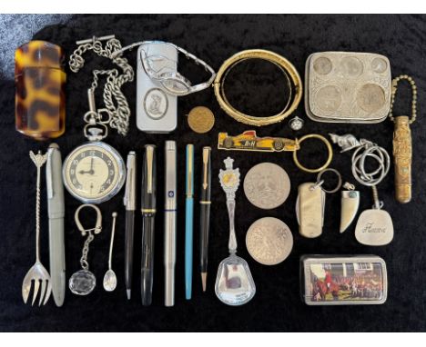 Bag of Mixed Collectables. Includes Various Pens, Lighters, Penknife, Jewellery, Coins, Coin Tin, Triump Pocket Watch etc. 