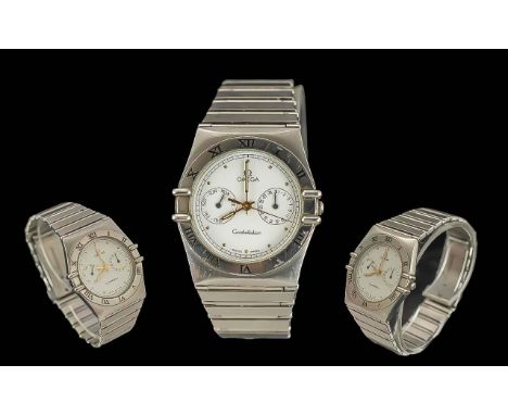 Omega Constellation 1370-20 Gents Stainless Steel Multi-Dial, Day-Date Quartz Wrist Watch. c.1990's. Features White Dial, Day