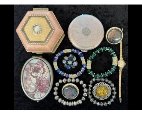 Bag of Mixed Collectables. Includes Compacts, Boxes, Costume Jewellery, Watch etc. 