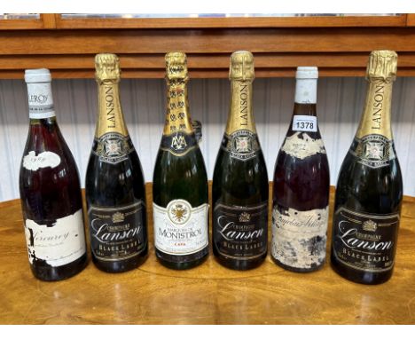 Three bottles of Vintage Lanson Champagne, together with two bottles of Leroy red wine, and a bottle of Monistrol Cava.
