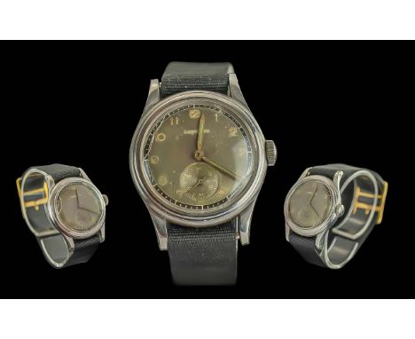 Longines Military Style Gents Steel Cased Mechanical Wrist Watch. c.1940's. Working Order, With Original Watch Strap, Good Co