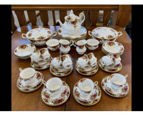 Collection of Royal Albert 'Old Country Roses' Porcelain, comprising teapot, two milk jugs, two sugar bowls, seven bowls, 12 