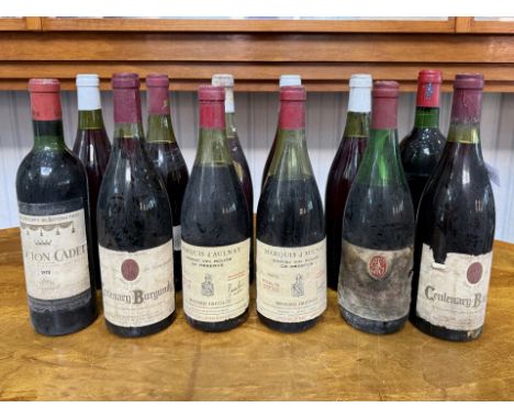 12 Bottles of Red Wine, including Centenary Burgundy, Bourgogne Rouge, Maiton-Cadet, Marquis d'Aulnay, some with rubbed or mi