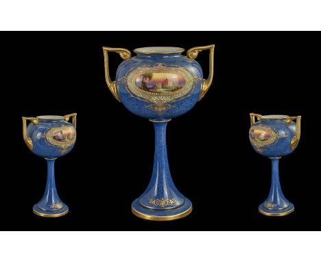 Royal Worcester Hand Painted Twin Handle Pedestal Vase, dated 1921, shape No. 2736.  Height 7.75".