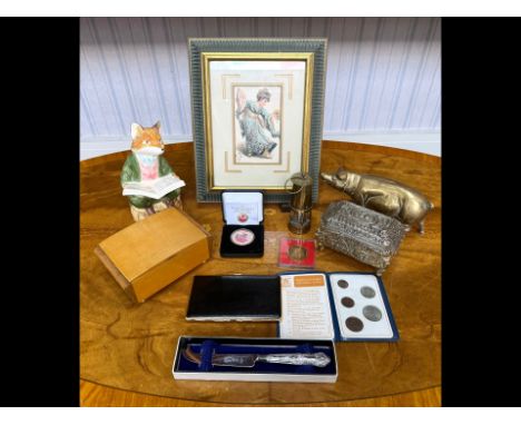 Box of Collectables. Includes Framed 1905 Glamour Postcard, Frederick Warne & Co Beatrix Potter Fox Money Box with Stopper, S