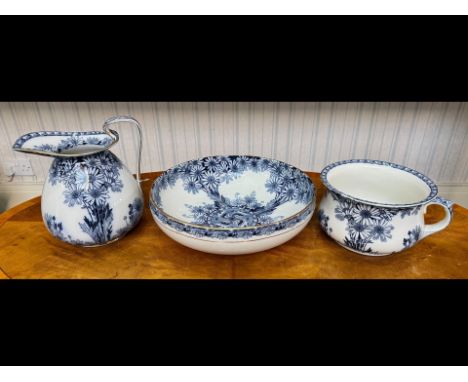 Royal Doulton Wash Basin Set, three pieces including a large bowl, jug and chamber pot, in blue and white pattern.