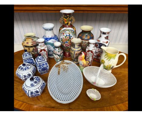 Collection of 12 Oriental Vases, various designs and colours and styles, together with a Royal Winton pepper pot rooster, thr
