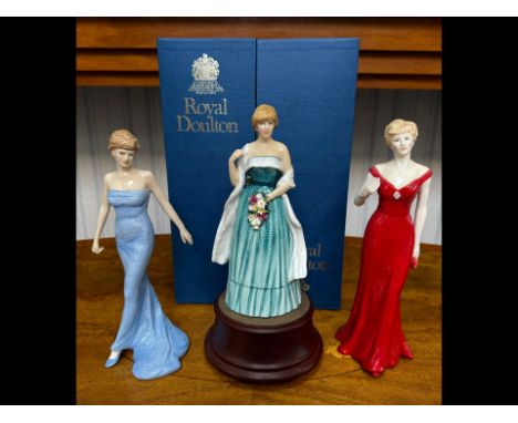 Three Diana Princess of Wales Figures, comprising Royal Doulton Diana Spencer HN2885, with box and stand, Royal Doulton Diana