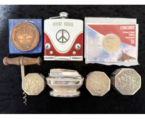 Bag of Mixed Collectables. Includes Ronson Table Lighter, Coins, Set of 3 Hexangular Silver Boxes, Stainless Steel Decanter -