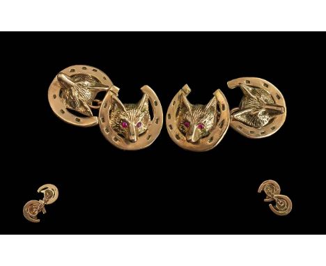 Edwardian Period 1902 - 1910 Gents 9ct Rose Gold Pair of Fox and Horseshoe Cufflinks, The Foxed Eyes Set with Rubies, Full Ha