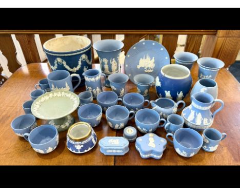 Large Collection Of Wedgewood Jasper - Mostly Blue, Some Green. Comprising Jardiniere, Cups, Vases, Trinket Boxes Etc...