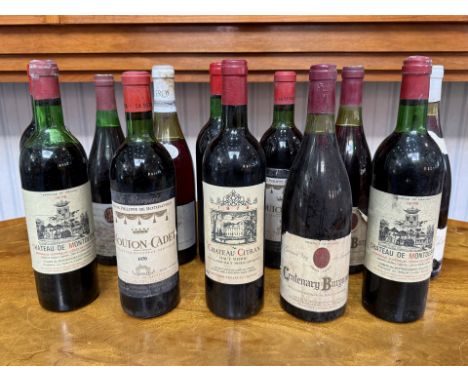 12 Bottles of Red Wine, includes Burgundy, Mouton-Cadet, Mercury, Chateau de Montdespic, Grant's Special Reserve, some lost l