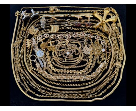 Box of Quality Rolled Gold Costume Jewellery, comprising chains, bracelets, watch, cufflinks, earrings, brooch, all assorted 