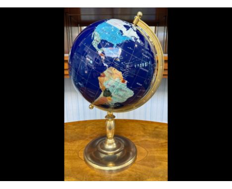 Large Globe Set With Semi Precious Stones - Dark Blue Ground with Brass Stand. Approx 22" High.