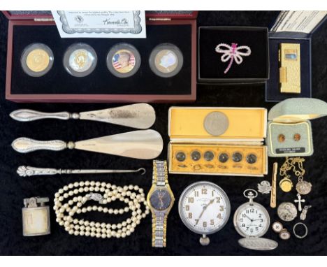 Bag of Mixed Collectables. Includes Lighters, Watches, Ultimate JFK Half Dollar Collection From Morgan Mint, Gentleman's Shir
