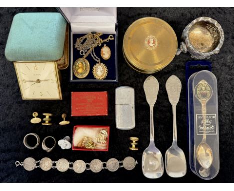 Interesting Bag of Mixed Collectables, Includes Lighters, Spoons, Compacts, Travel Clock, Selection of Cameos etc. Please See