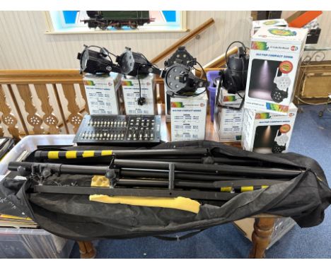 Quantity of Light Rigging Equipment, includes Alupar Compact Series three 3000K, four 3200, 8500 lights, tripods, all associa